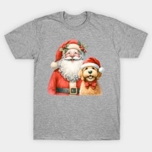 Labradoodle and Santa Funny Christmas Happy Dog Jolly Santa Cartoon artwork T-Shirt